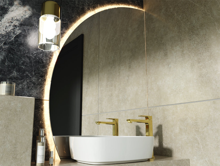Semi-circular Bathroom Mirror Beveled Led - ARIA With Shelf